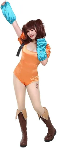 Vista 2 de miccostumes Disfraz de cosplay para mujer, leotardo naranja con protectores de brazos y bolsa