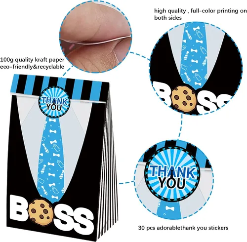 Vista 4 de BOSS - Bolsas de regalo de fiesta, 24 unidades con 30 calcomanías para niños, color azul, negro, cumpleaños, baby shower, golosinas, bolsas