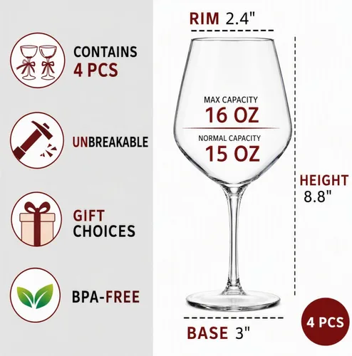 Vista 2 de Dicunoy Juego de 4 copas de vino irrompibles de 16 onzas, copas de vino de plástico para exteriores, copas de plástico, reutilizables, sin BPA