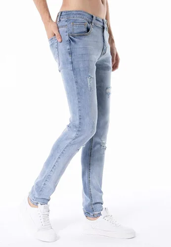 Vista 3 de ZLZ Jeans desgastados rasgados y azules para hombre, ajuste delgado, diseño de moda urbana, pantalones de mezclilla destruidos, ajuste elástico