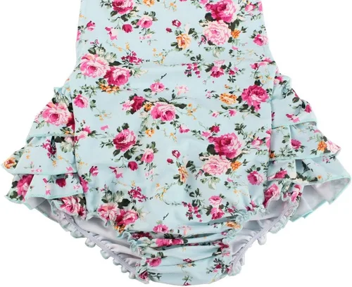 Vista 3 de China Rose 50's Floral Ruffles Mamelucos Vestido Sin Respaldo Traje De Baño Traje De B Azul/claro