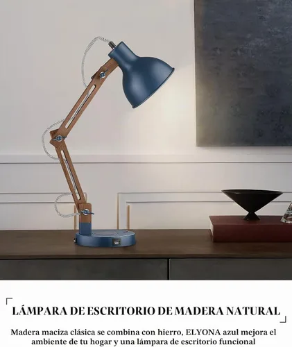 Vista 9 de Lámpara de escritorio ELYONA de madera Sapele con cargador inalámbrico mejorado, lámpara de mesa de brazo oscilante con puerto de carga USB C, luz