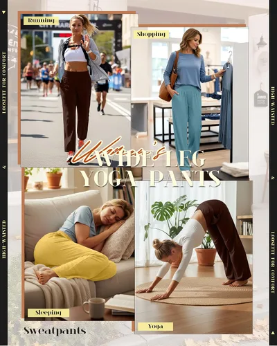 Vista 120 de Neer - Conjunto de 3 pantalones de yoga de pierna ancha para mujer - Pantalones deportivos cómodos, holgados, de cintura alta y casuales