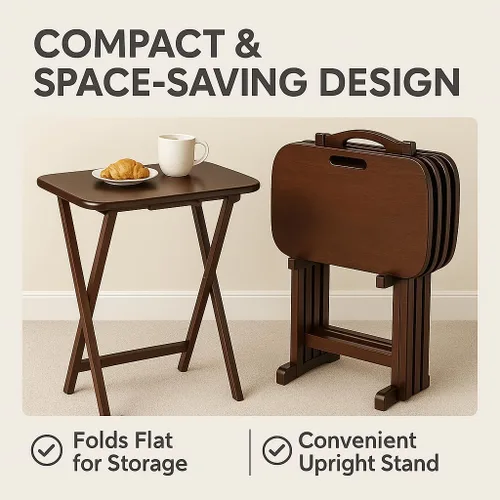 Vista 4 de Ergode Juego de mesa de madera de 5 piezas, elegantes mesas plegables, base duradera con marco en X, práctico soporte vertical, fácil montaje Marrón