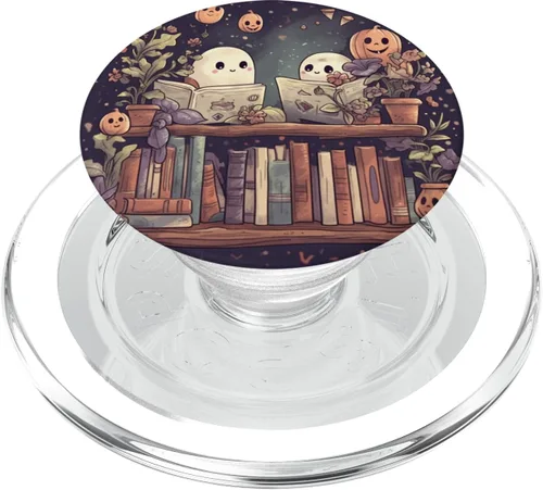 Vista 8 de Fantasmas lindos libros de lectura de Halloween bibliotecario amante de los libros PopSockets estándar PopGrip