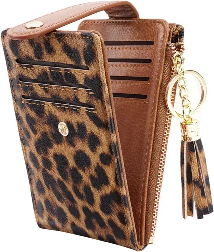 Vista 9 de Cartera delgada con bloqueo RFID para mujer, cartera de cuero con múltiples tarjetas, cartera plegable con borla, bolsillo con cremallera