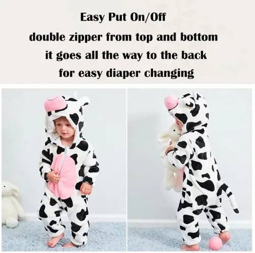 Vista 6 de QIAONIUNIU Disfraz de vaca para bebé para Halloween, mameluco para niños pequeños, rómper para cosplay, de 18 a 24 meses