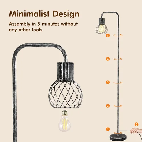 Vista 7 de Lámpara de pie industrial, lámpara de pie plateada antigua moderna con bombilla LED de 6 W, interruptor de pie, lámparas altas de metal para sala