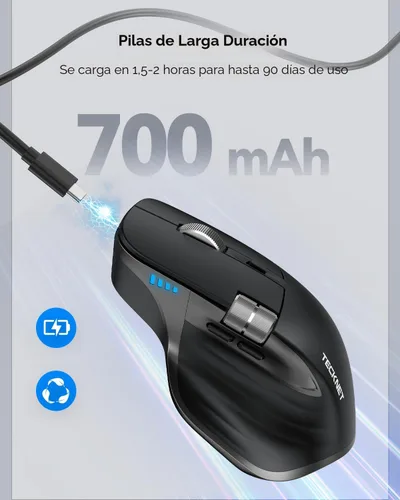 Vista 6 de TECKNET Ratón Inalámbrico, Ratón Bluetooth (BT5.0/5.0 & 2.4G) Ratón Óptico Ergonómico Recargable 4800 DPI con 6 Ajustables, Clics Silenciosos, Negro