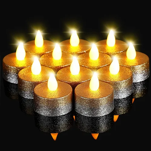Vista 11 de Retisee 48 velas LED sin llama, con purpurina, velas falsas eléctricas para centros de mesa, funciona con pilas, decoración romántica de invierno