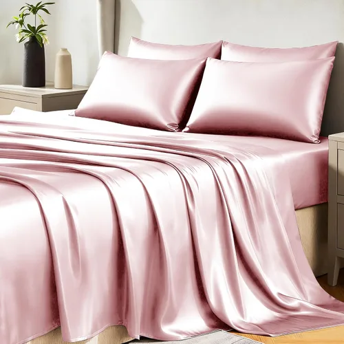 Vista 24 de Juego de sábanas de satén CozyLux de microfibra sedosa con bolsillo profundo, sábana bajera plana y fundas de almohada, suave y suave