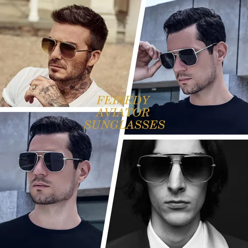 Vista 3 de FEISEDY Gafas de sol de aviador cuadradas para mujeres y hombres, lentes degradadas, lentes retro, pequeñas pantallas de metal B2953