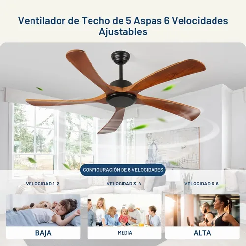Vista 6 de Ventilador de techo de madera de 52 pulgadas, sin luz y control remoto, reversible, color negro