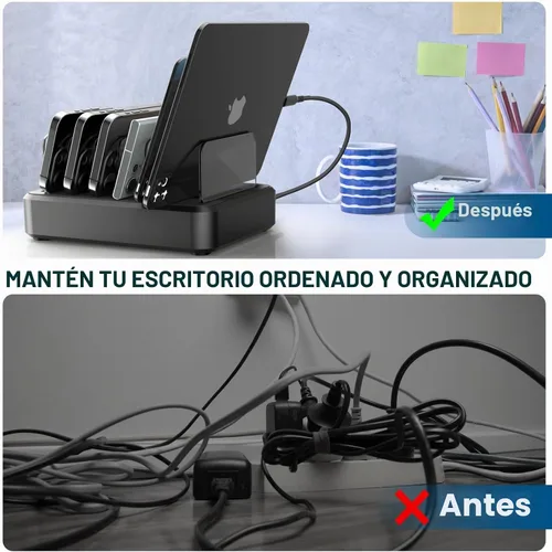 Vista 4 de Estación de carga para múltiples dispositivos, 65 W, 6 puertos, estación de carga rápida USB C con 6 cables de carga mixtos, base de carga