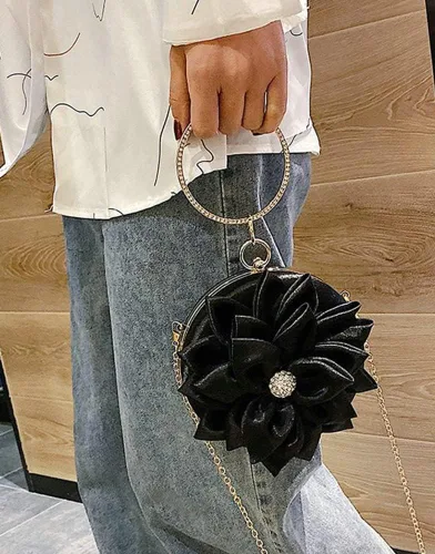 Vista 2 de Obosoyo Bolso de mano con diamantes de imitación en forma de flor para mujer, bolso redondo de satén suave, bolso de mano para fiesta de boda, bolso