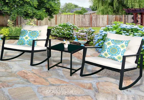 Vista 2 de Kozyard Juego de 3 sillas mecedoras para exteriores con mesa auxiliar y cojines, juego de muebles de mimbre para jardín, porche, patio trasero