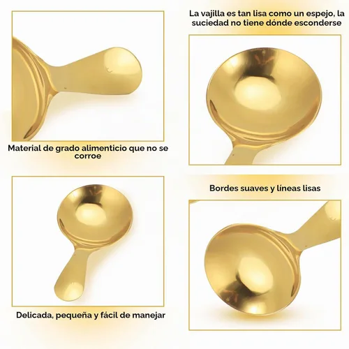 Vista 6 de 5 mini cucharas de helado para recipientes, mini cucharas doradas para servir dulces, acero inoxidable, mango corto, condimentos de sal, cucharas