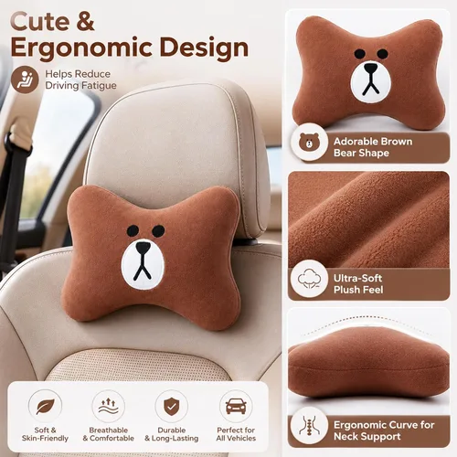 Vista 3 de CHERISH - Almohada para el cuello del automóvil, paquete de 2 cojines de apoyo para reposacabezas de oso, accesorio suave y cómodo, reposacabezas