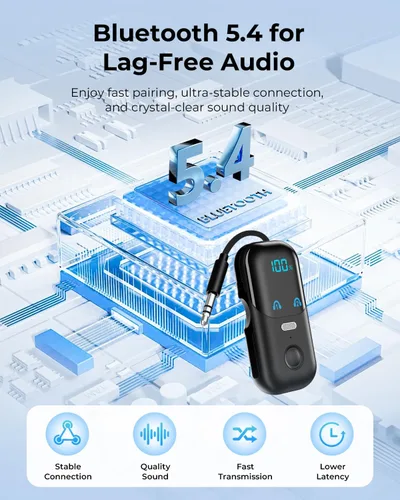 Vista 8 de Receptor transmisor Bluetooth 5.4 para 2 AirPods/auriculares, adaptador Bluetooth de avión 2 en 1 con micrófono para llamadas manos libres, baja