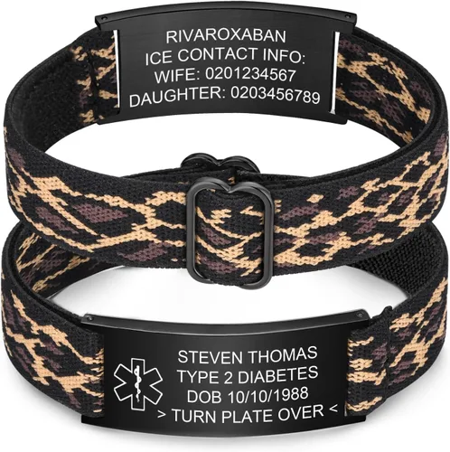 Vista 27 de Pulsera de alerta médica personalizada para hombres - Pulseras de identificación de acero inoxidable con correa elástica personalizada grabada