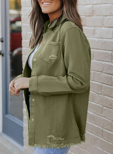 Vista 4 de Dokotoo - Chaqueta de mezclilla desgastada de gran tamaño para mujer, informal, de manga larga