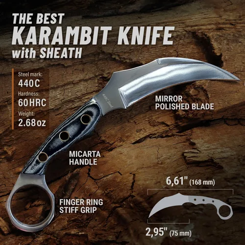 Vista 2 de Cuchillo táctico con funda y mango de micarta, cuchillo pequeño de hoja fija, multiherramienta 24 en 1 con mini herramientas y alicates de cuchillo