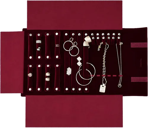 Vista 18 de UnionPlus - Estuche de terciopelo para joyería de viaje, bolsa enrollable para collares, pulseras, gran organizador de joyas para viajes, multi Beige