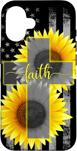 Vista 32 de Faith Jesus Cross Sunflower American Flag Patriotic Black Case for iPhone 17