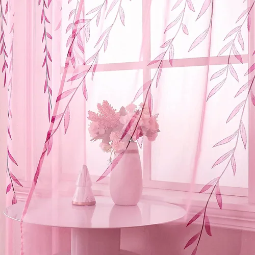 Vista 9 de BROSHAN Cortinas transparentes con diseño de bolsillo para ventana, bonito panel de cortina de vid con estampado de hojas, paneles de cortina