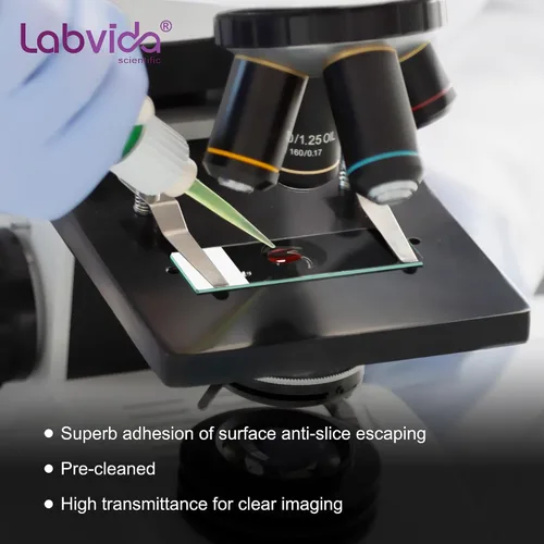 Vista 6 de 72 piezas de portaobjetos de microscopio con carga positiva, portaobjetos adhesivos hechos de vidrio super blanco, bordes finamente pulidos, área