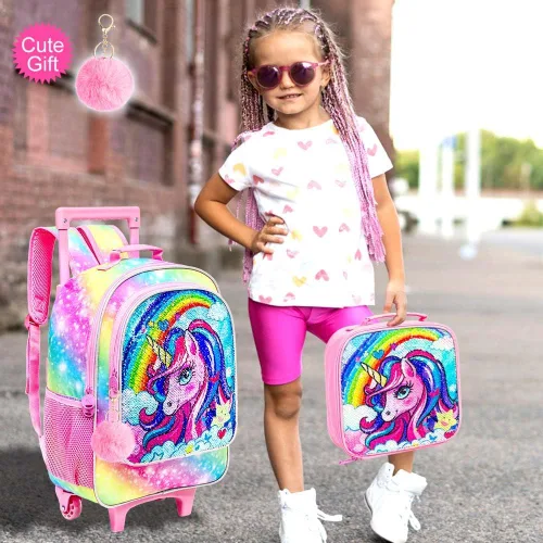 Vista 2 de Mochila con ruedas para niñas y niños, 3 unidades, con ruedas, con lonchera, mochilas con ruedas para primaria