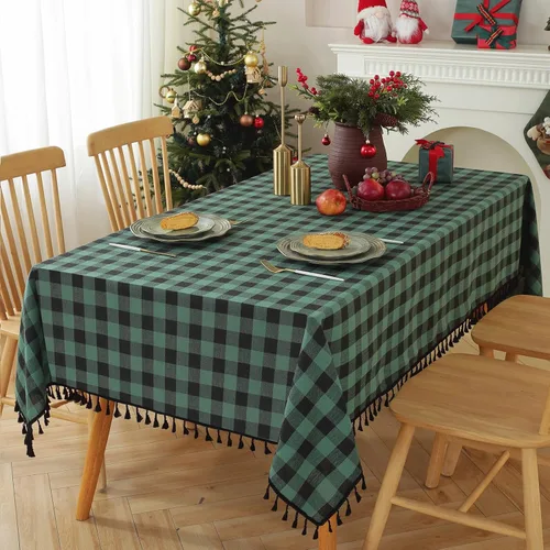 Vista 11 de JIALE - Mantel cuadrado de lino de algodón de cuadros Gingham con borlas, lavable, sin arrugas, mantel a cuadros de búfalo para fiesta al aire Beige
