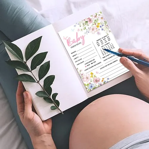 Vista 6 de 50 tarjetas de predicción de bebé para juegos de baby shower, tarjetas de deseos y consejos de flores silvestres con caja para decoraciones de baby