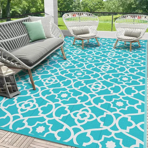 Vista 25 de HEBE Alfombra impermeable para exteriores de 5 x 8 pies para patios, alfombra de paja de plástico reversible floral, alfombra de patio, alfombra