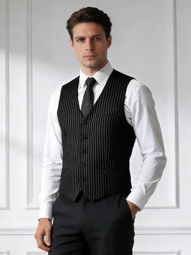 Vista 2 de BABEYOND Chaleco de traje para hombre, chaleco ajustado, chaleco de vestir de negocios para traje de esmoquin Rayas negras