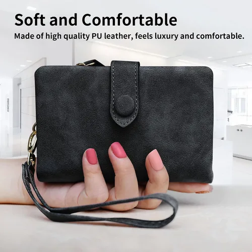 Vista 7 de CONISY Billeteras pequeñas de pulsera para mujer, billetera de cuero plegable RFID con ventana de identificación y cremallera Small, Bifold, RFID