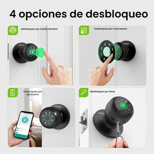 Vista 2 de GHome Smart - Cerradura de puerta de huellas dactilares inteligente, perilla de puerta de huellas dactilares inteligente 4 en 1 con teclado, control