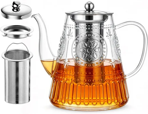 Vista 9 de Tetera de vidrio, Zpose 1200 ml/40 oz de tetera con infusor de acero inoxidable extraíble, tetera de vidrio transparente con línea de escala, tetera