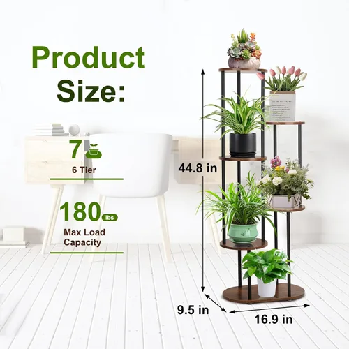 Vista 6 de Soporte para plantas de interior – Soporte para plantas de 6 niveles para 7 macetas, estante para plantas de flores, estante grande de madera