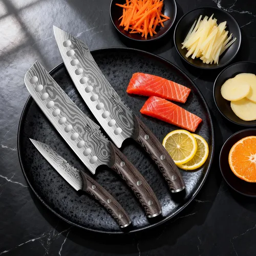 Vista 2 de SYOKAMI - Juego de cuchillos de cocina de estilo japonés de 3 piezas 8.2" Kiritsuke, 7.2" Nakiri, 4" Paring, Precision Cutting, Damascus