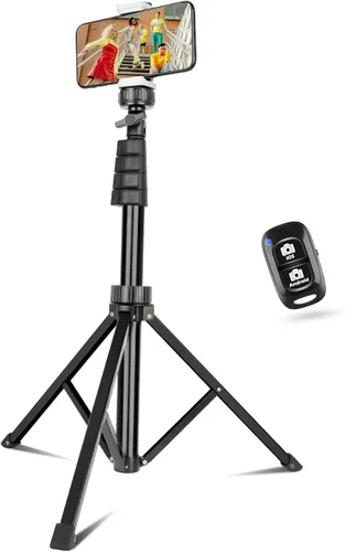 Vista 13 de SENSYNE Trípode de teléfono de 62 pulgadas y palo para selfie, soporte extensible para teléfono celular con control remoto inalámbrico y soporte