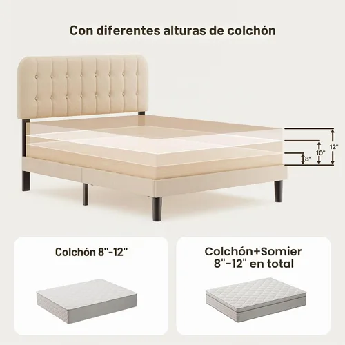 Vista 8 de Gizoon Base de cama Queen con cabecero, cama de plataforma tapizada con listones de madera resistentes, sin ruido, no necesita somier, fácil