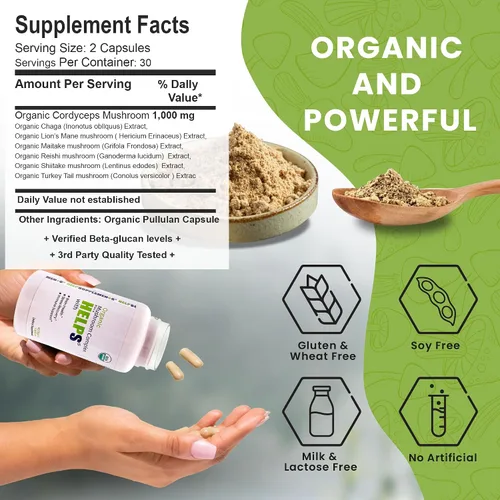 Vista 4 de Cápsulas de complejo de hongos orgánicos Suplemento de hongos 6 en 1 Salud cerebral, sistema de apoyo inmunológico, memoria y energía 1000 mg