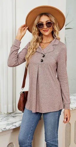 Vista 3 de Newchoice Blusa de manga larga para mujer, para leggings, casual, cuello de muesca, con botones, sudadera sin botones