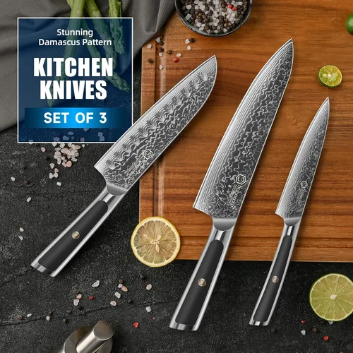 Vista 3 de Sunnecko Juego de Cuchillos de Cocina Damascus de 3 Piezas, Juego de Cuchillos de Chef Afilados Juegos de Cuchillos de Cocina Profesionales Full