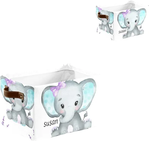 Vista 6 de Canasta de almacenamiento personalizada de elefante verde azulado con nombre, caja de almacenamiento grande con asas para el hogar, oficina