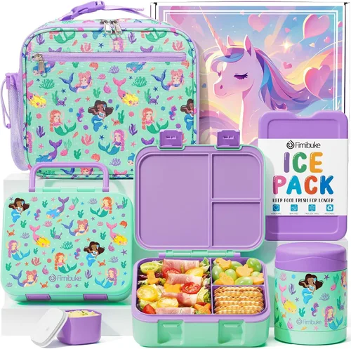 Vista 11 de Fimibuke Lonchera Bento de 32 onzas para niños con termo de 12 onzas, bolsa de almuerzo aislada y bolsa de hielo, contenedor de comida de 3