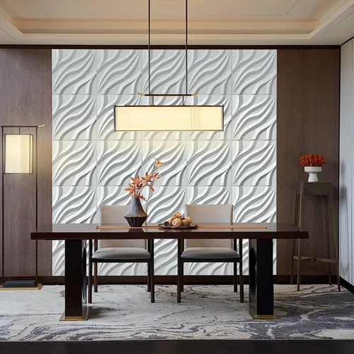 Vista 4 de Dundee Deco Paneles de pared 3D - Paneles de pared de PVC blanco pintables con ondas modernas para decoración de paredes interiores, 19.7 x 19.7