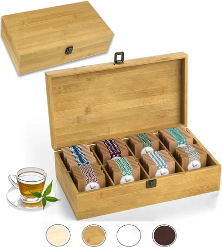 Vista 8 de Caja organizadora de té segura para alimentos, libre de productos químicos, baúl de almacenamiento de bambú, cubos ajustables