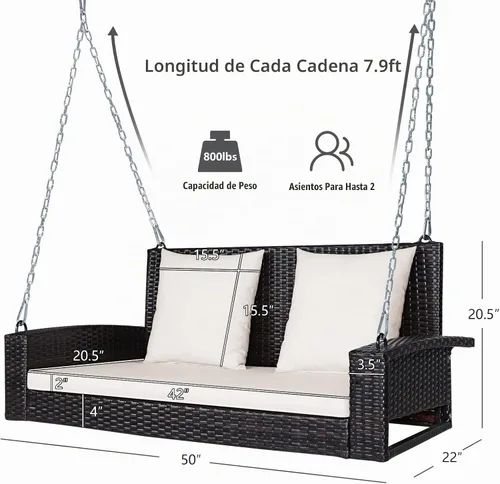 Vista 8 de RELAX4LIFE - Columpio de mimbre de 2 asientos, con dos cadenas de acero sólido de 7.9 pies, cómodos cojines de respaldo y asiento, para pórtico